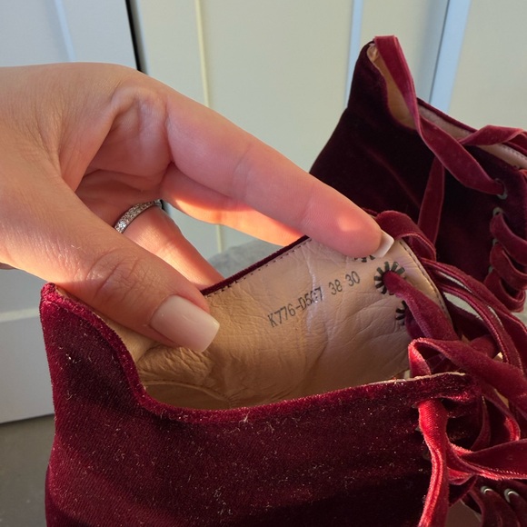 Jimmy Choo Red Velvet Lace-Up Heels with Ribbon Detail - Picture 3 of 5